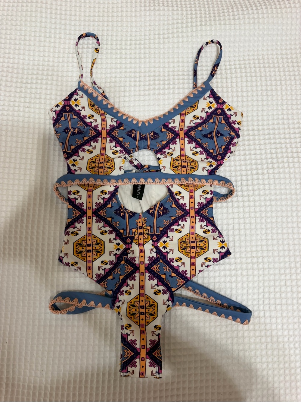 MINKPINK Blue White Purple Patterned Cutout One-Piece Swimsuit (NEVER WORN)